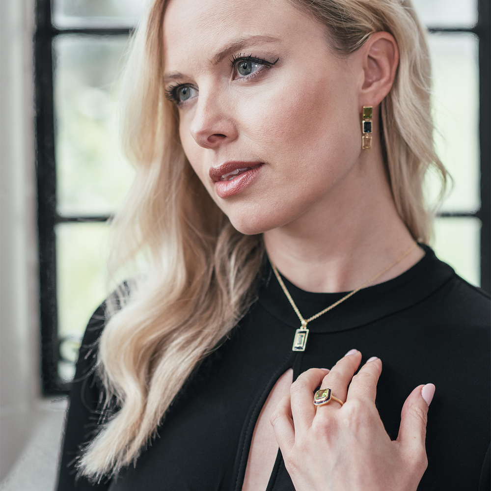 Model wearing Peridot, London Blue Topaz and Citrine 3 Drop Earrings