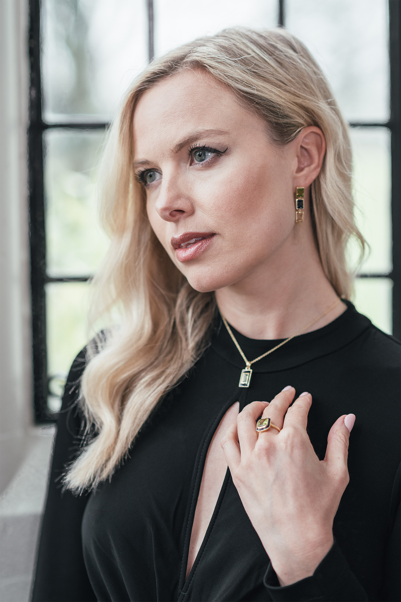 Model wearing Peridot, London Blue Topaz and Citrine 3 Drop Earrings