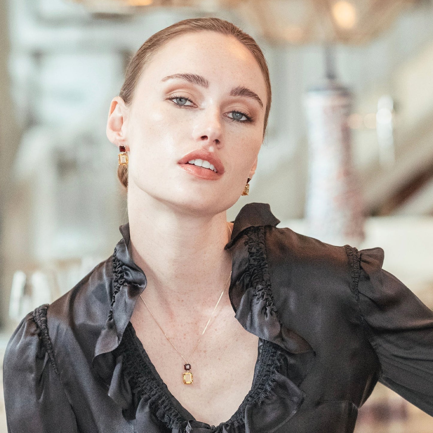 Octagon Gold Necklace in Garnet and Citrine, Octagon Gold Drop Earrings in Garnet and Citrine - Augustine Jewels