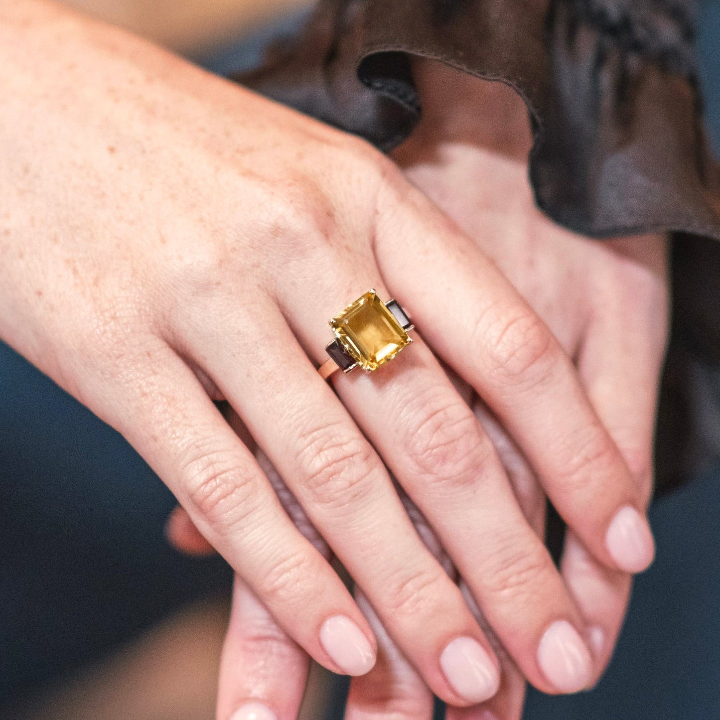 Octagon Gold Ring in Smoky Quartz and Citrine - Augustine Jewel
