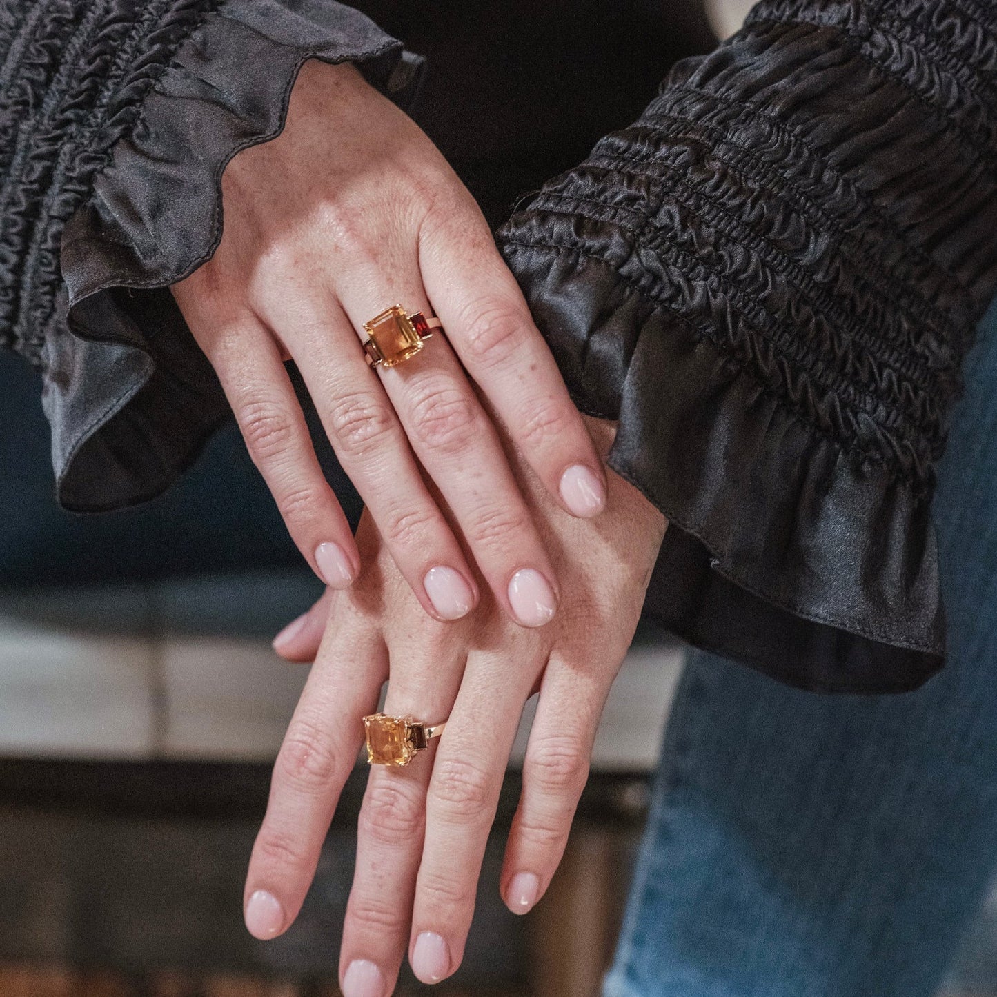 Octagon Gold Ring in Smoky Quartz and Citrine, Octagon Gold Ring in Garnet and Citrine - Augustine Jewels