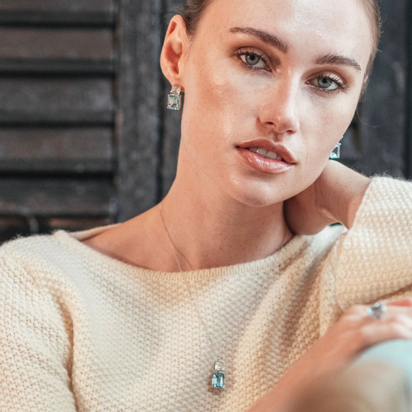 Octagon White Gold Necklace in White Topaz and Blue Topaz, Octagon White Gold Drop Earrings in White Topaz & Blue Topaz - Augustine Jewels