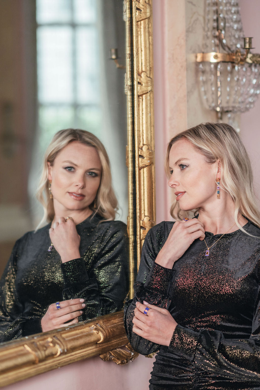 Citrine, London Blue Topaz and Purple Amethyst 5 Drop Earrings, Citrine and Purple Enamel Drop Necklace, Citrine and Purple Enamel Drum Ring, Citrine and Purple Enamel Cocktail Ring - Augustine Jewels