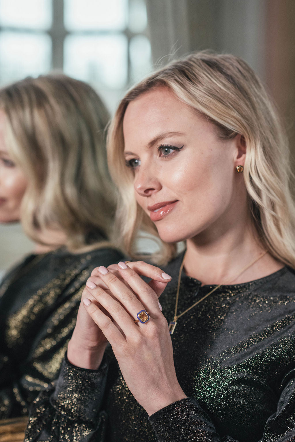 Citrine and Purple Enamel Cocktail Ring, Citrine and Purple Enamel Stud Earrings, Citrine and Purple Enamel Drop Necklace - Augustine Jewels