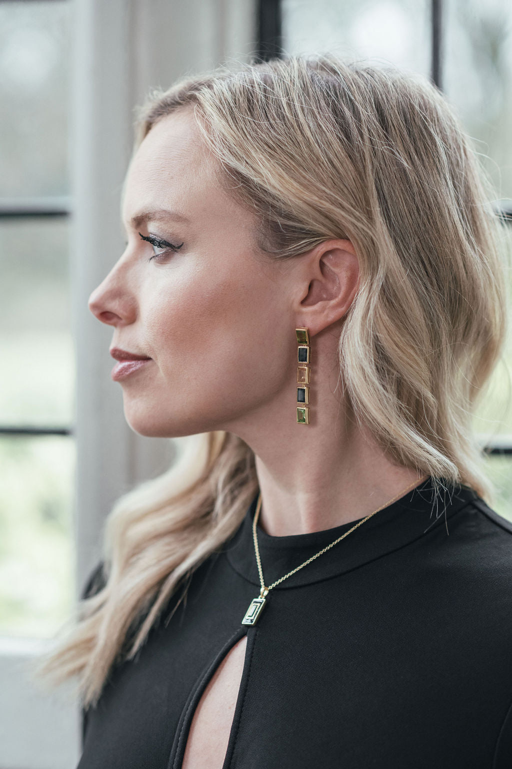 Peridot, London Blue Topaz and Citrine 5 Drop Earrings, Peridot and Navy Enamel Drop Necklace - Augustine Jewels