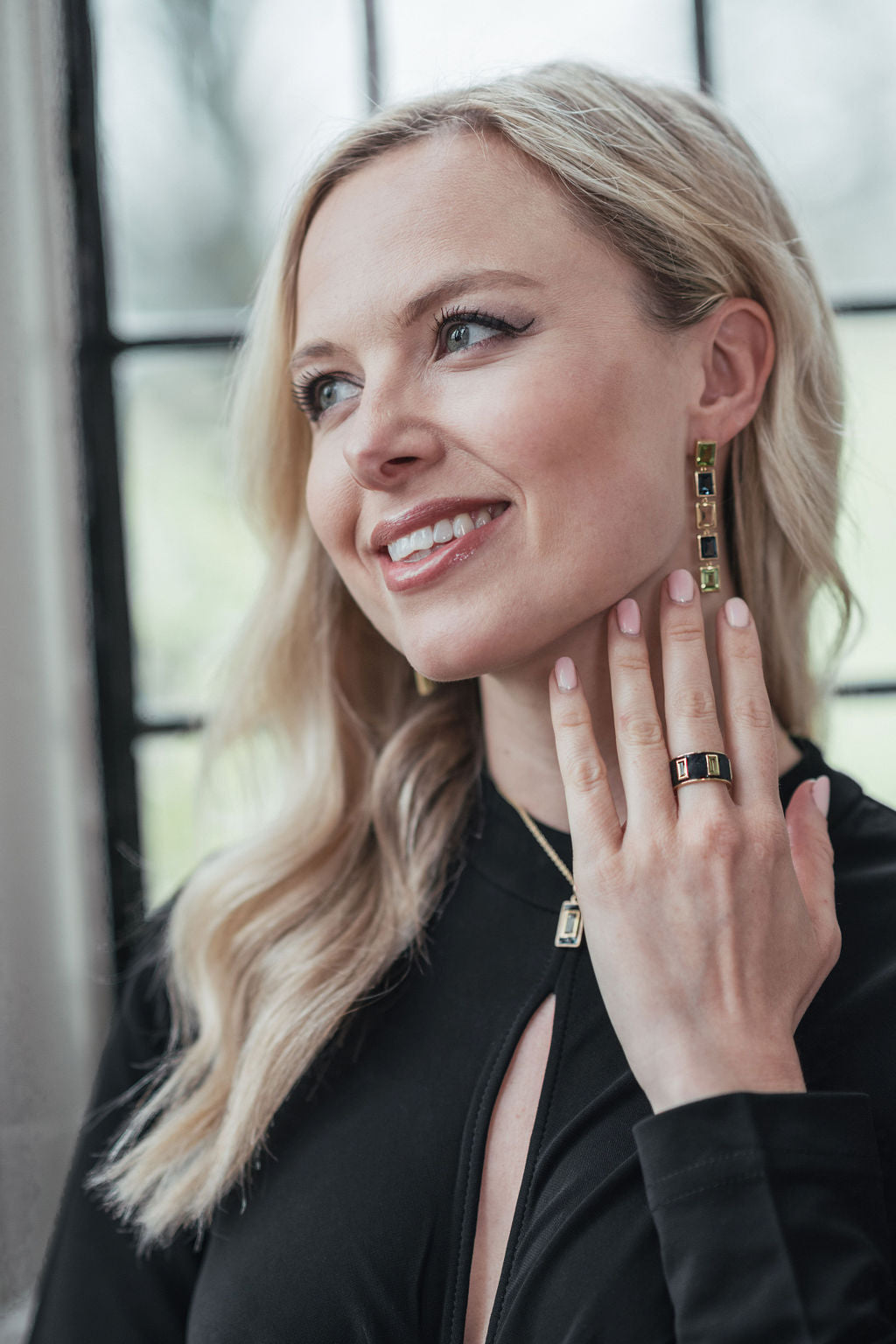 Peridot and Navy Enamel Drum Ring, Peridot and Navy Enamel Drop Necklace, Peridot, London Blue Topaz and Citrine 5 Drop Earrings - Augustine Jewels