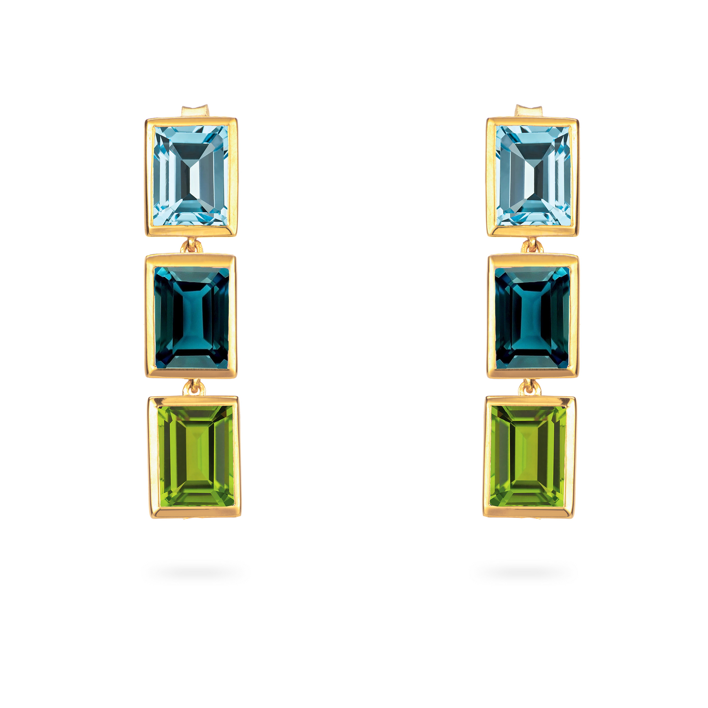 Sky Blue Topaz, London Blue Topaz and Peridot 3 Drop Earrings - Augustine Jewels