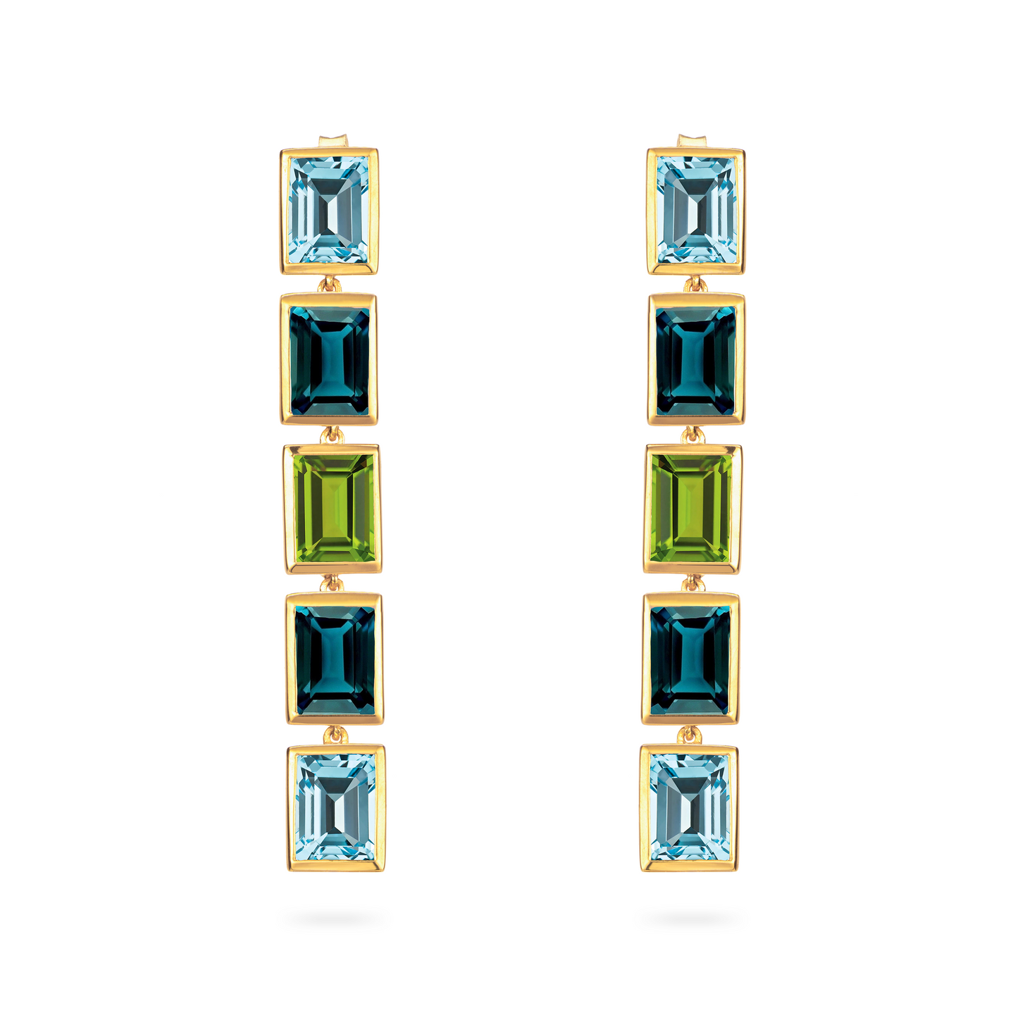 Sky Blue Topaz, London Blue Topaz and Peridot 5 Drop Earrings - Augustine Jewels
