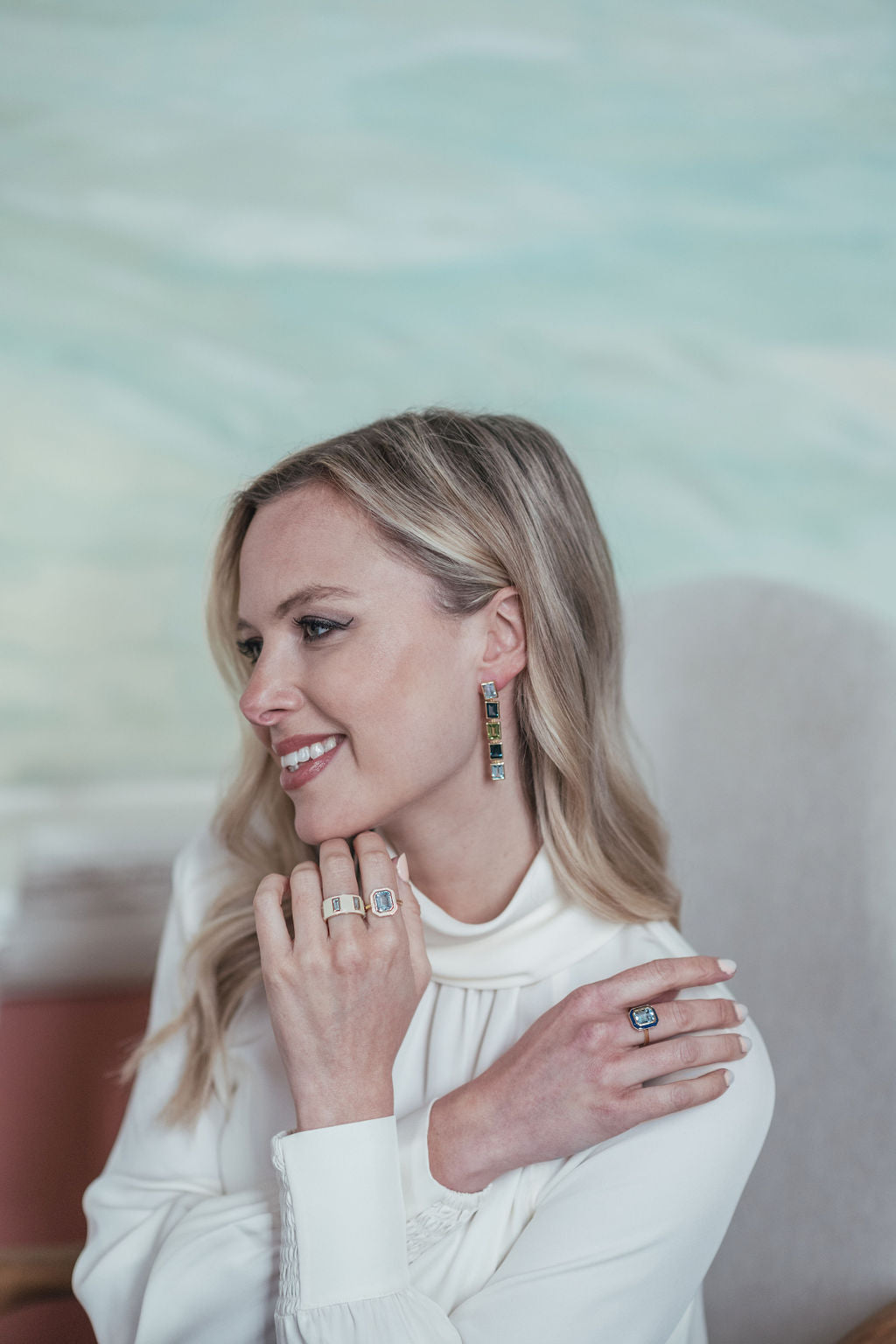 Sky Blue Topaz and White Enamel Cocktail Ring, Sky Blue Topaz and White Enamel Drum Ring, Sky Blue Topaz and Navy Enamel Cocktail Ring, Sky Blue Topaz, London Blue Topaz and Peridot 5 Drop Earrings - Augustine Jewels