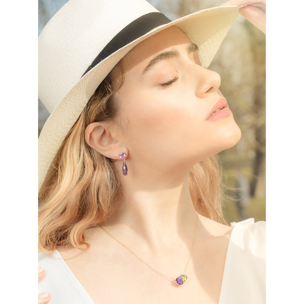 
                  
                    Model wearing Purple Amethyst & Pink Tourmaline Gold Drop Earrings
                  
                