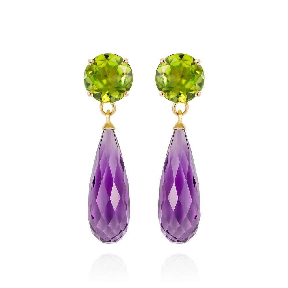 Purple Amethyst and Peridot Gold Drop Earrings