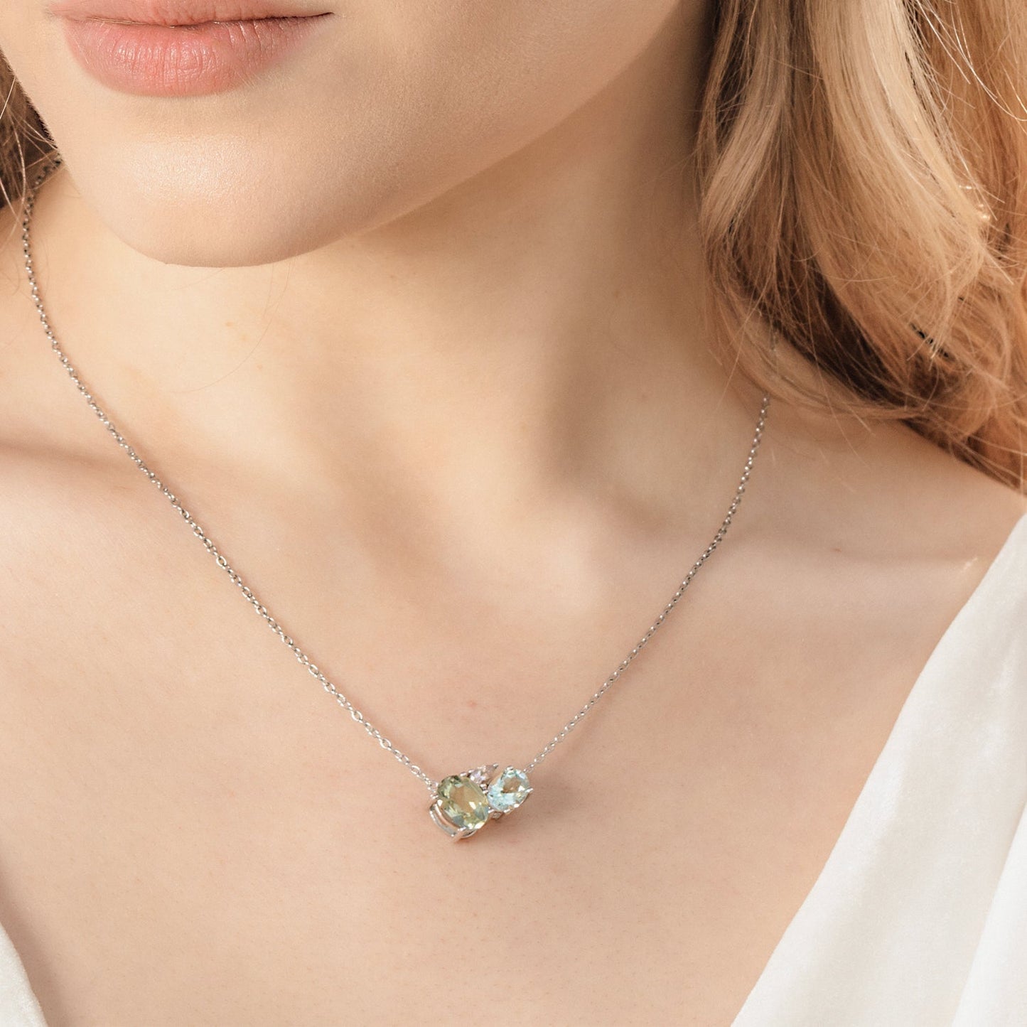 Close up of Model wearing Green Amethyst Cluster Necklace