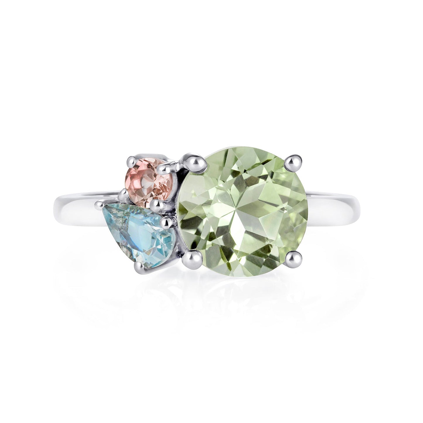 Green Amethyst Cluster Ring with Aquamarine and Morganite