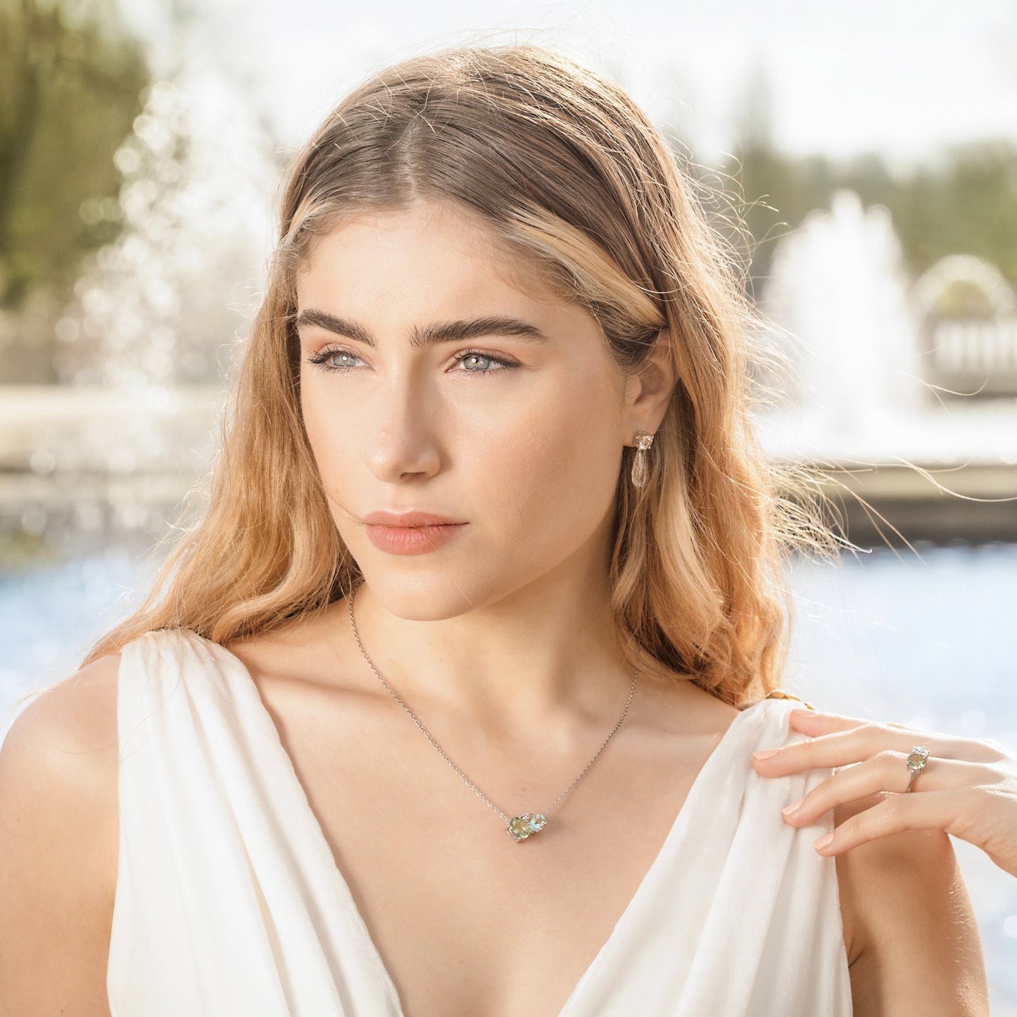 Green Amethyst and Morganite Drop Earrings, Green Amethyst Cluster Necklace - Augustine Jewels