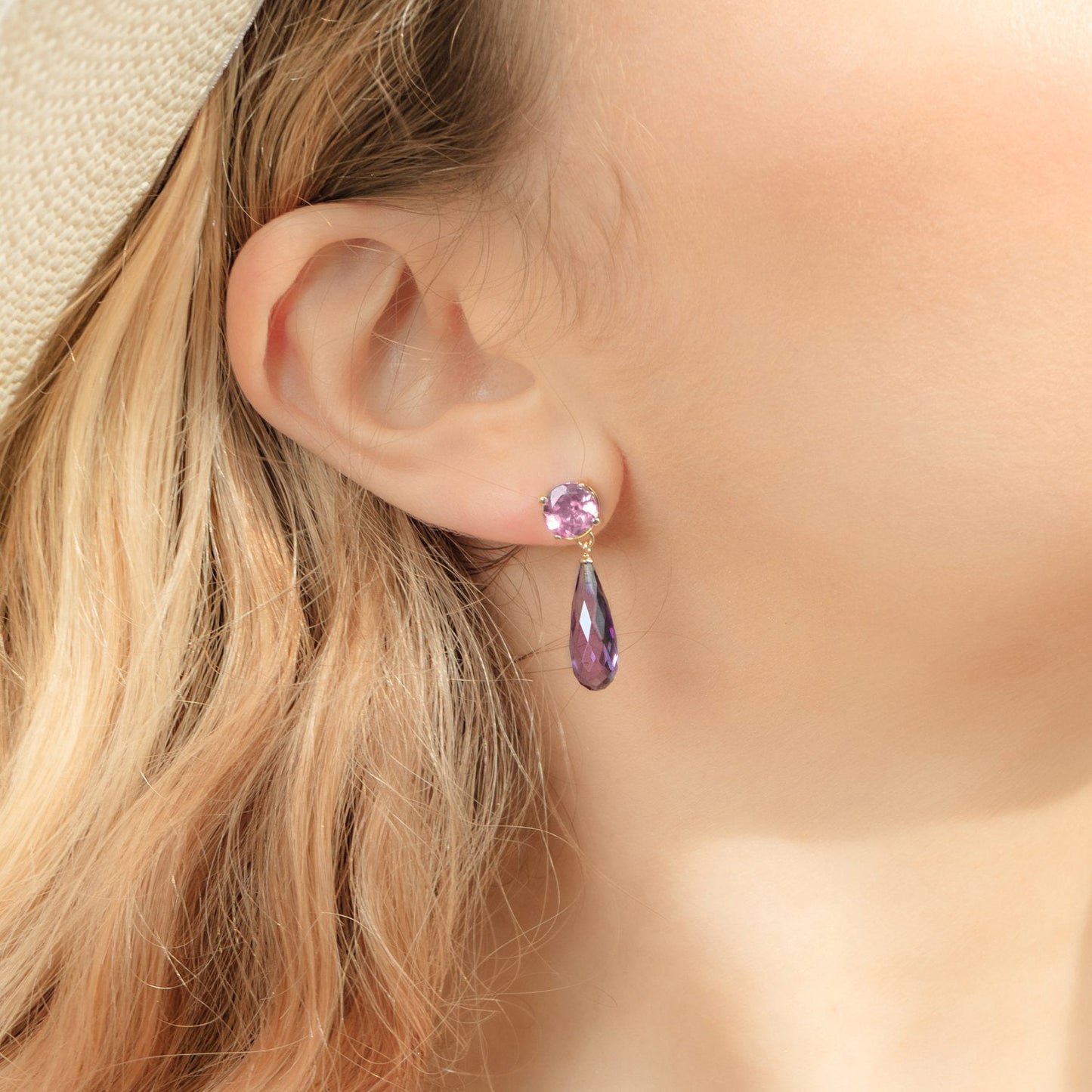 Purple Amethyst and Pink Tourmaline Gold Drop Earrings - Augustine Jewels