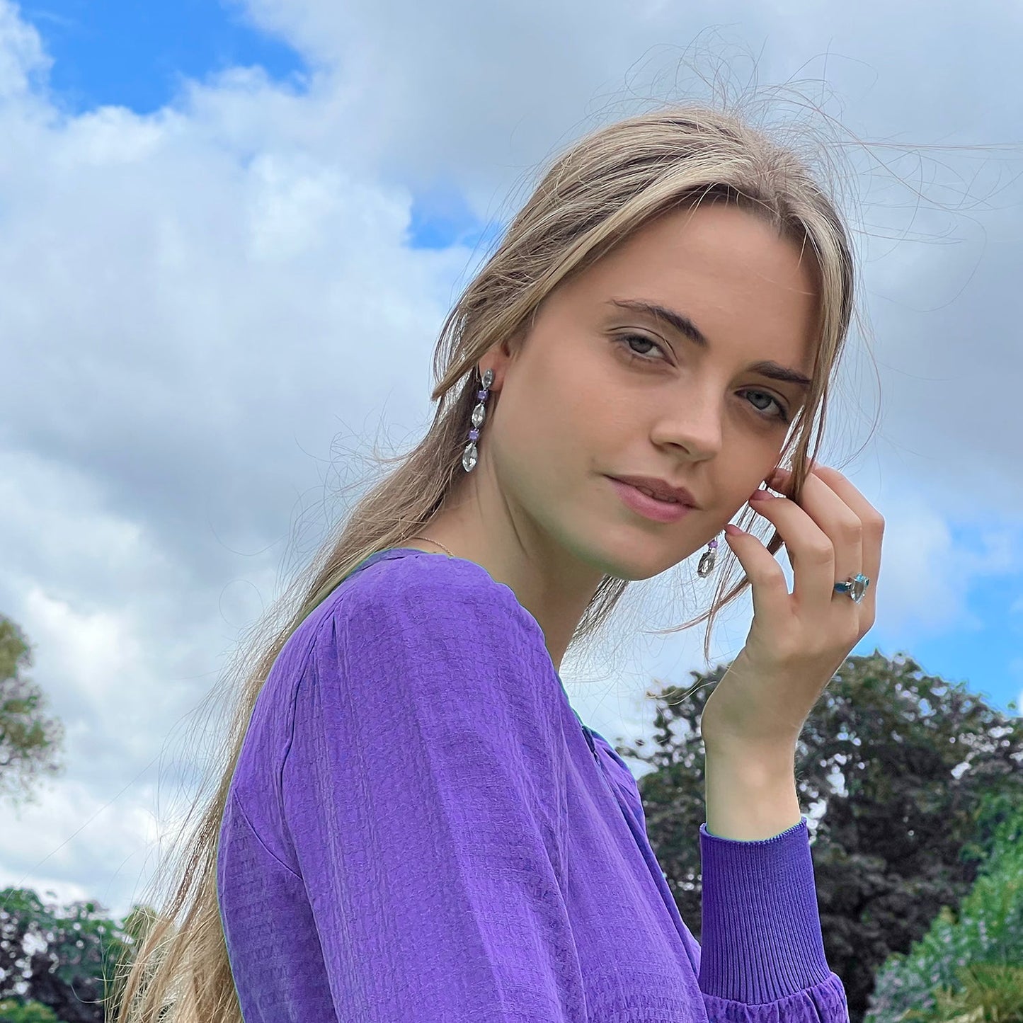 White Topaz and Purple Amethyst Earrings, Purple Amethyst and Agate Ring - Augustine Jewels