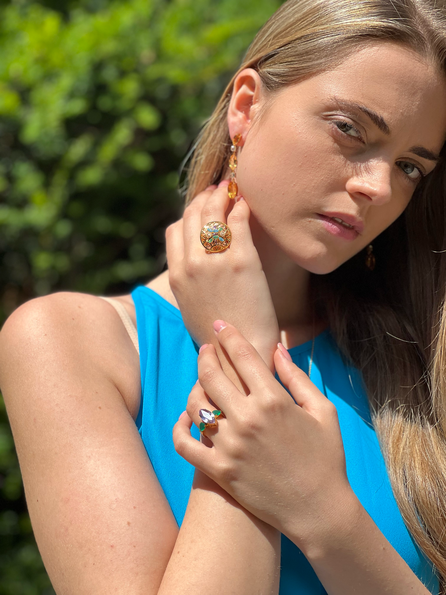 Yellow Gold Plate Colors Of Summer Ring, Citrine and White Topaz Earrings, Purple Amethyst and Agate Ring - Augustine Jewels