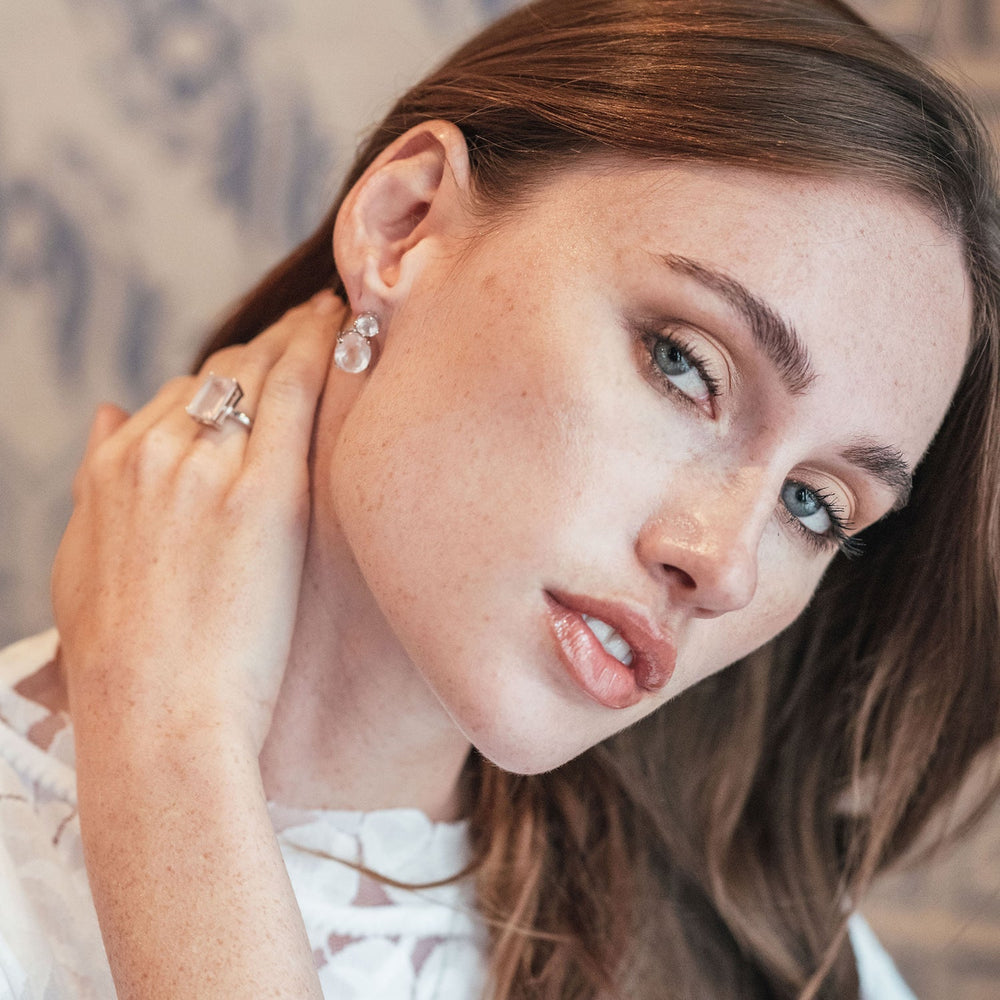 Model wearing Sterling Silver or White Gold Rose Quartz Drop Earrings