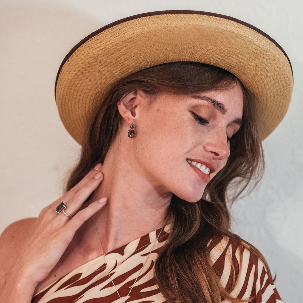 Model wearing Sterling Silver or White Gold Smoky Quartz Drop Earrings