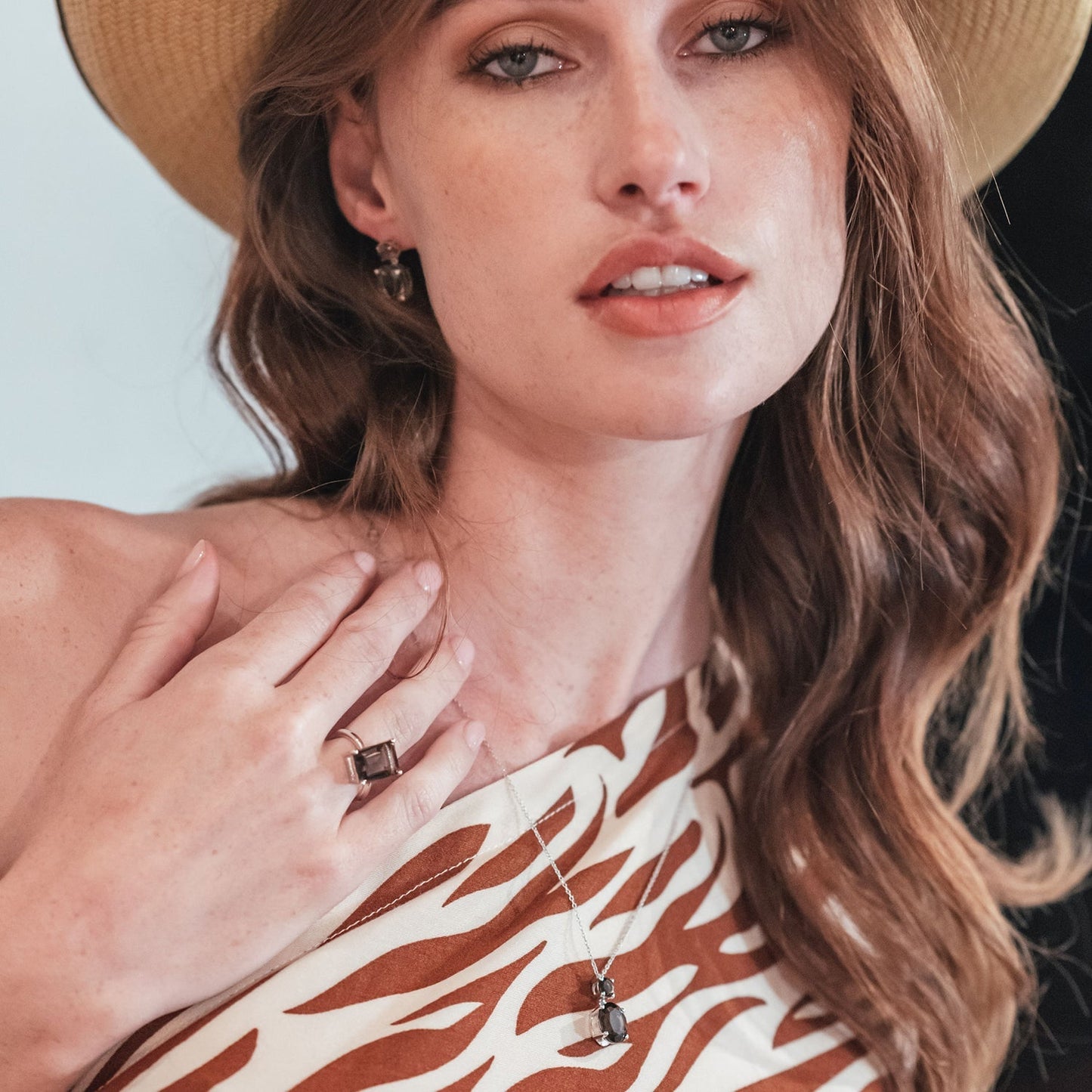 Model wearing Sterling Silver Smoky Quartz Drop Necklace