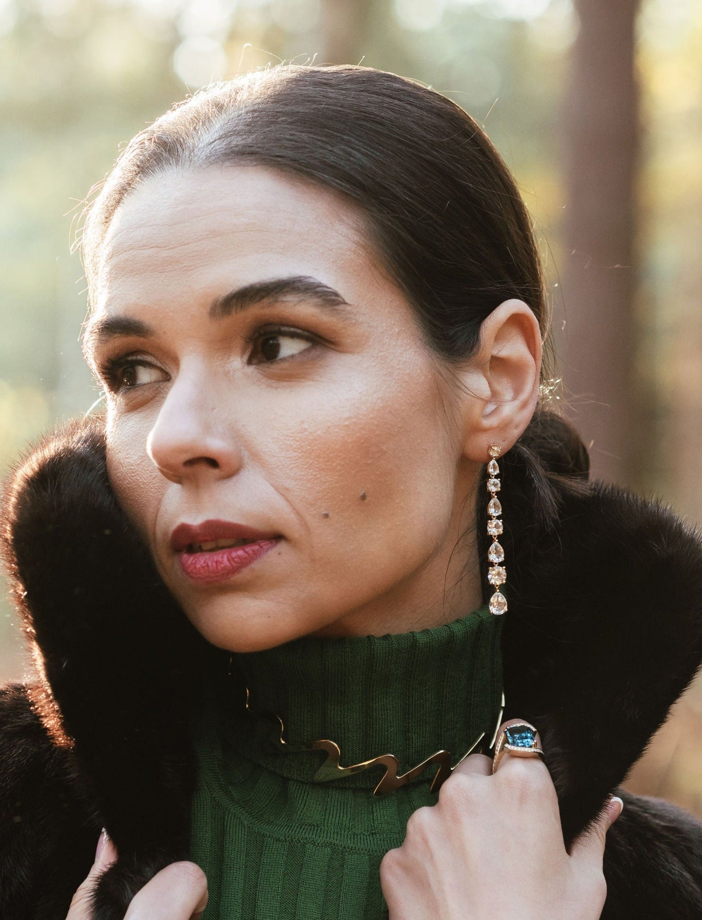 Long Diamond Earrings in 18ct Yellow Gold, Teal Topaz and Diamond Wedeln Ring, Yellow Gold Vermeil Wedeln Torc - Augustine Jewels