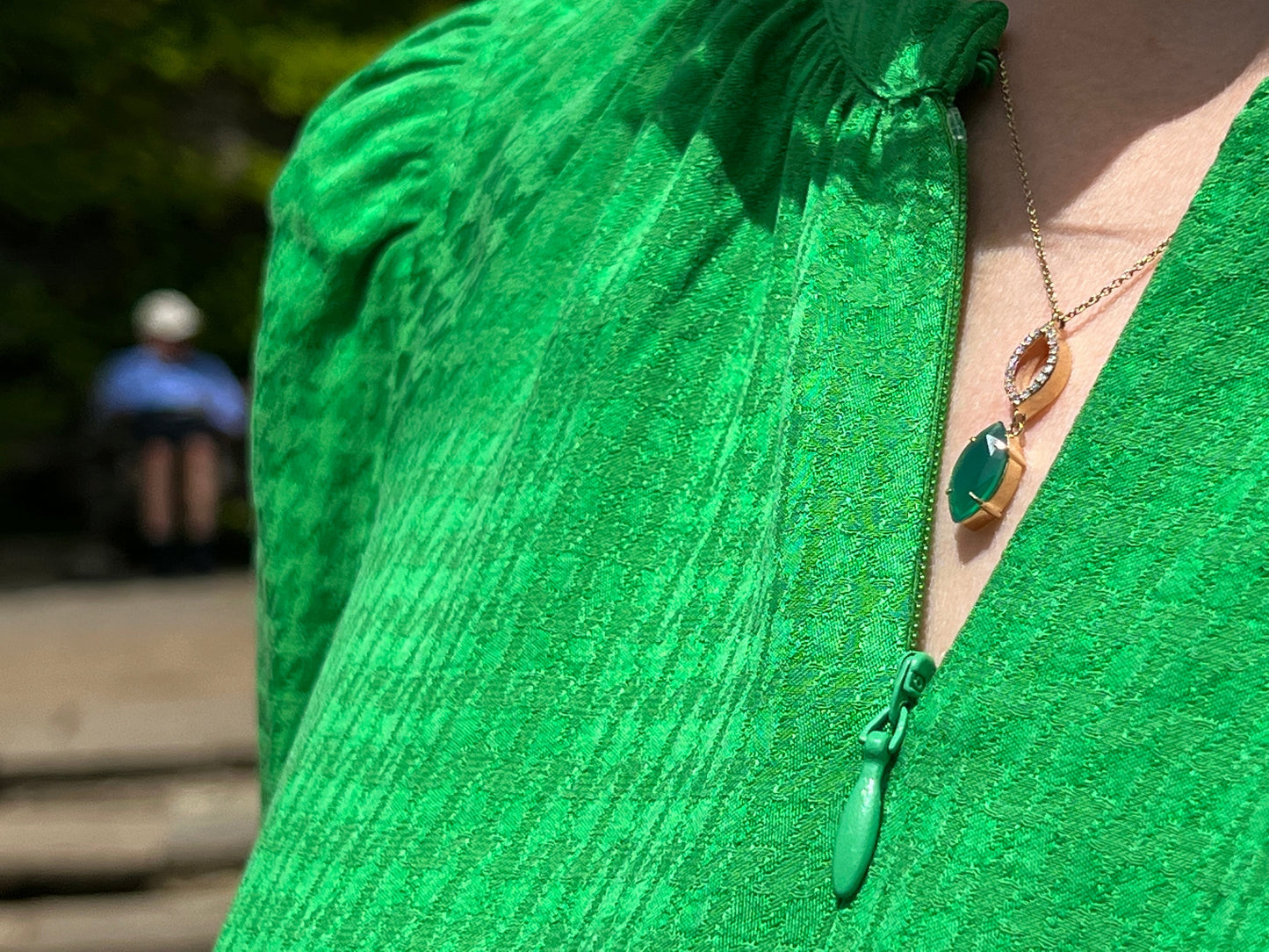 Close up of model wearing agate and diamond necklace | Augustine Jewels | English Gardens Collection | Gemstone