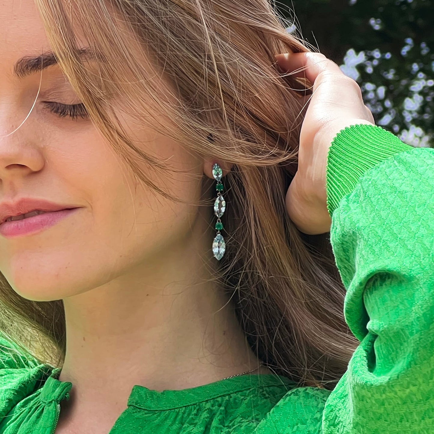 Model wearing Blue Topaz & Agate Earrings