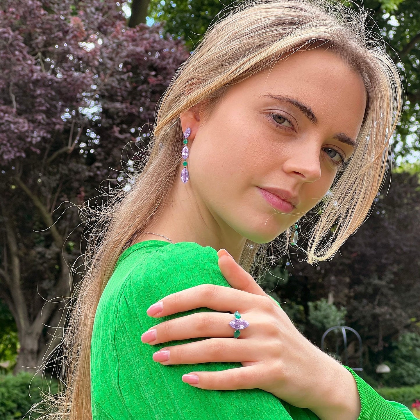 Model wearing purple amethyst & agate earrings