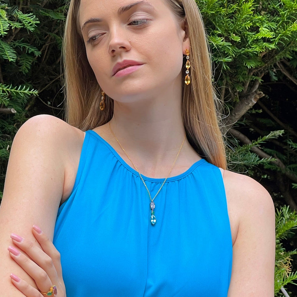
                  
                    Model wearing purple amethyst & blue topaz & agate necklace
                  
                