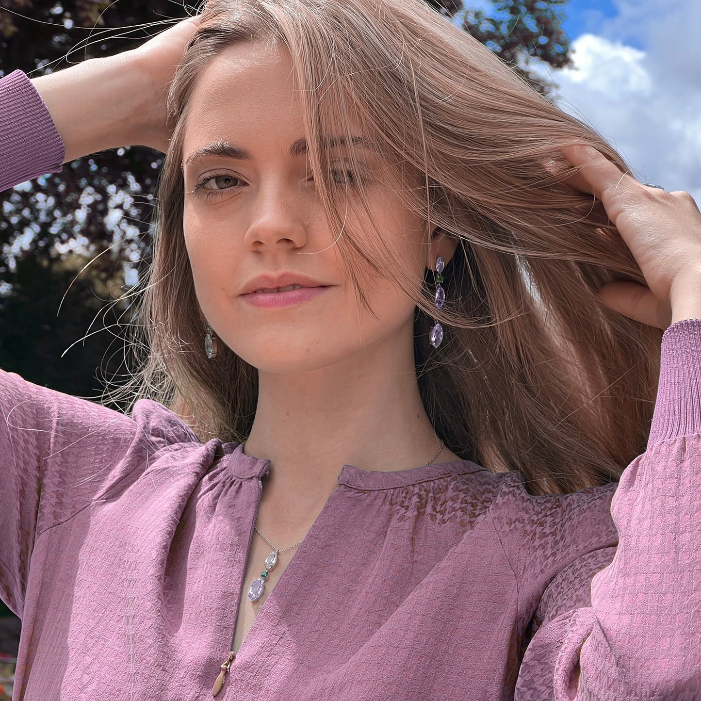 Model Wearing White Topaz & Purple Amethyst & Agate Necklace