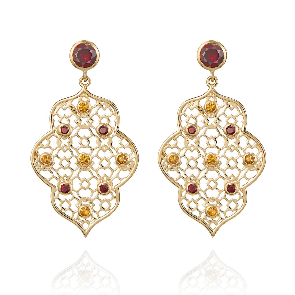 Gold Filigree Earrings with Garnet & Citrine | Augustine Jewels | Garnet and Citrine in inner part of earring surrounded by gold geometric pattern