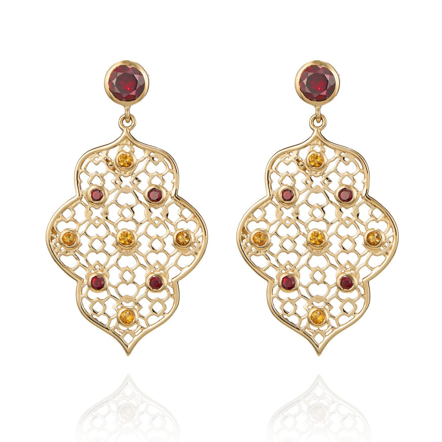Gold Filigree Earrings with Garnet & Citrine | Augustine Jewels | Garnet and Citrine in inner part of earring surrounded by gold geometric pattern