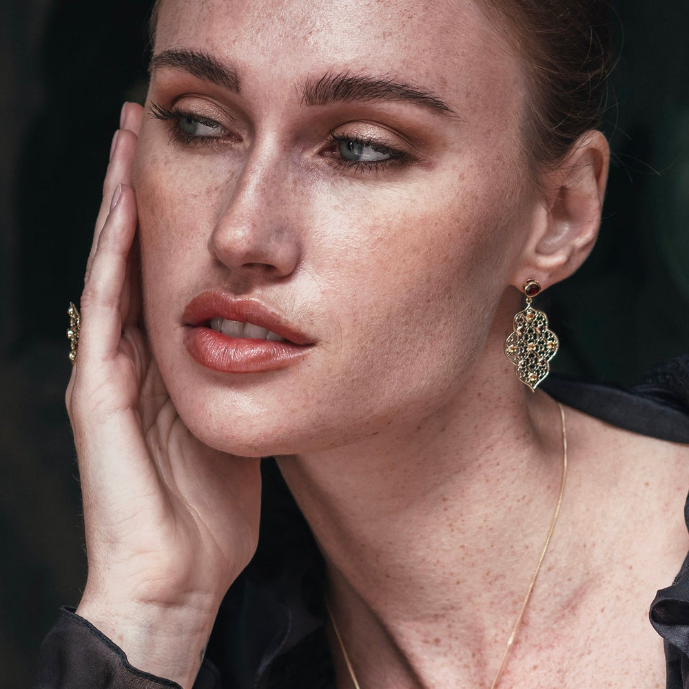 
                  
                    Model wearing Gold Filigree Earrings in Garnet & Citrine
                  
                