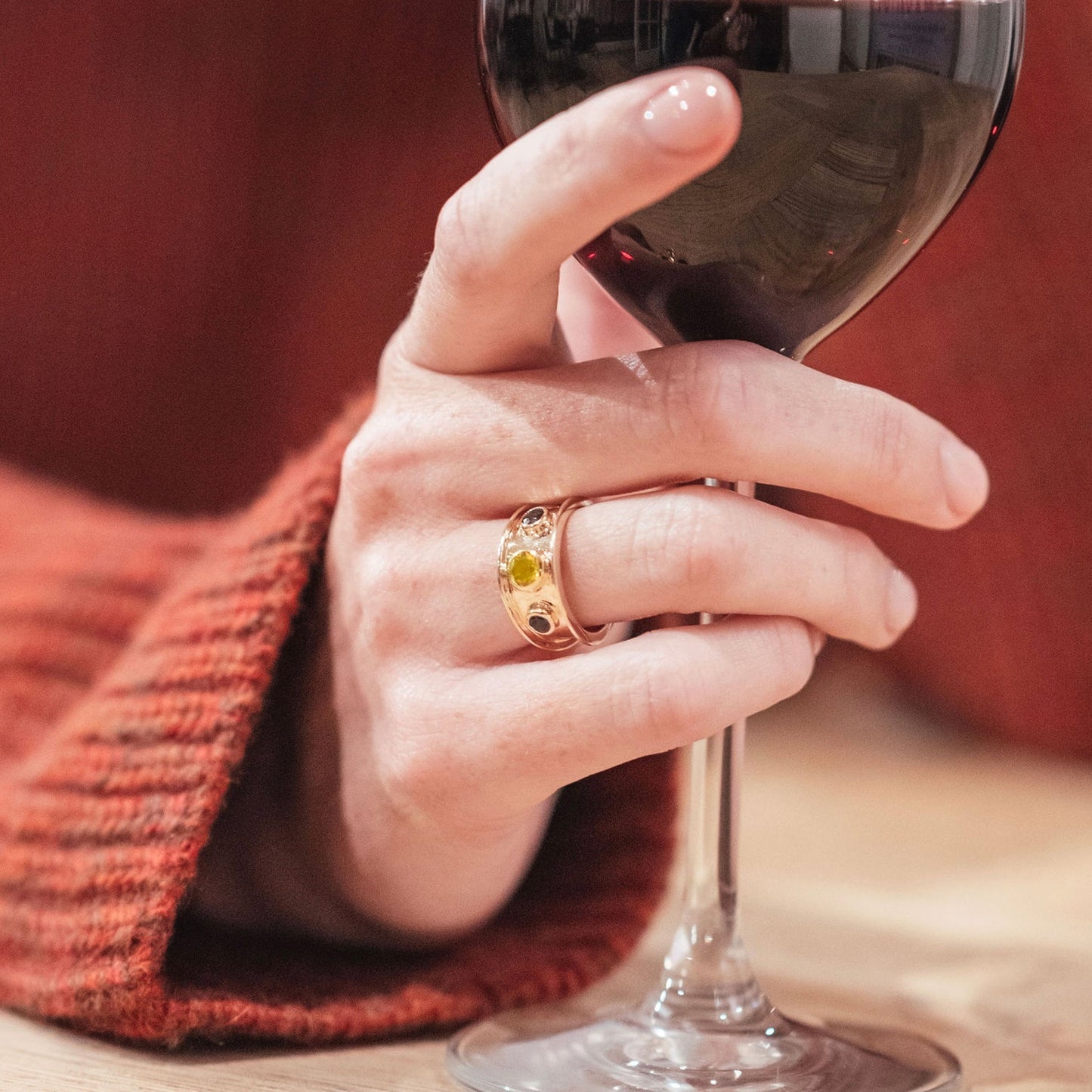 Model wearing Gold Gemstone Statement Ring in Smoky Quartz & Citrine.