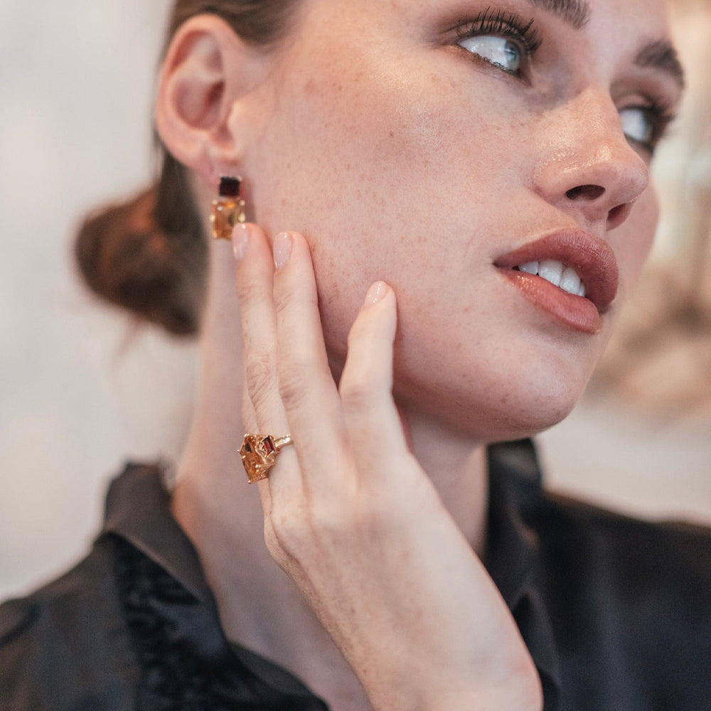 Model wearing Octagon Gold Ring in Garnet & Citrine