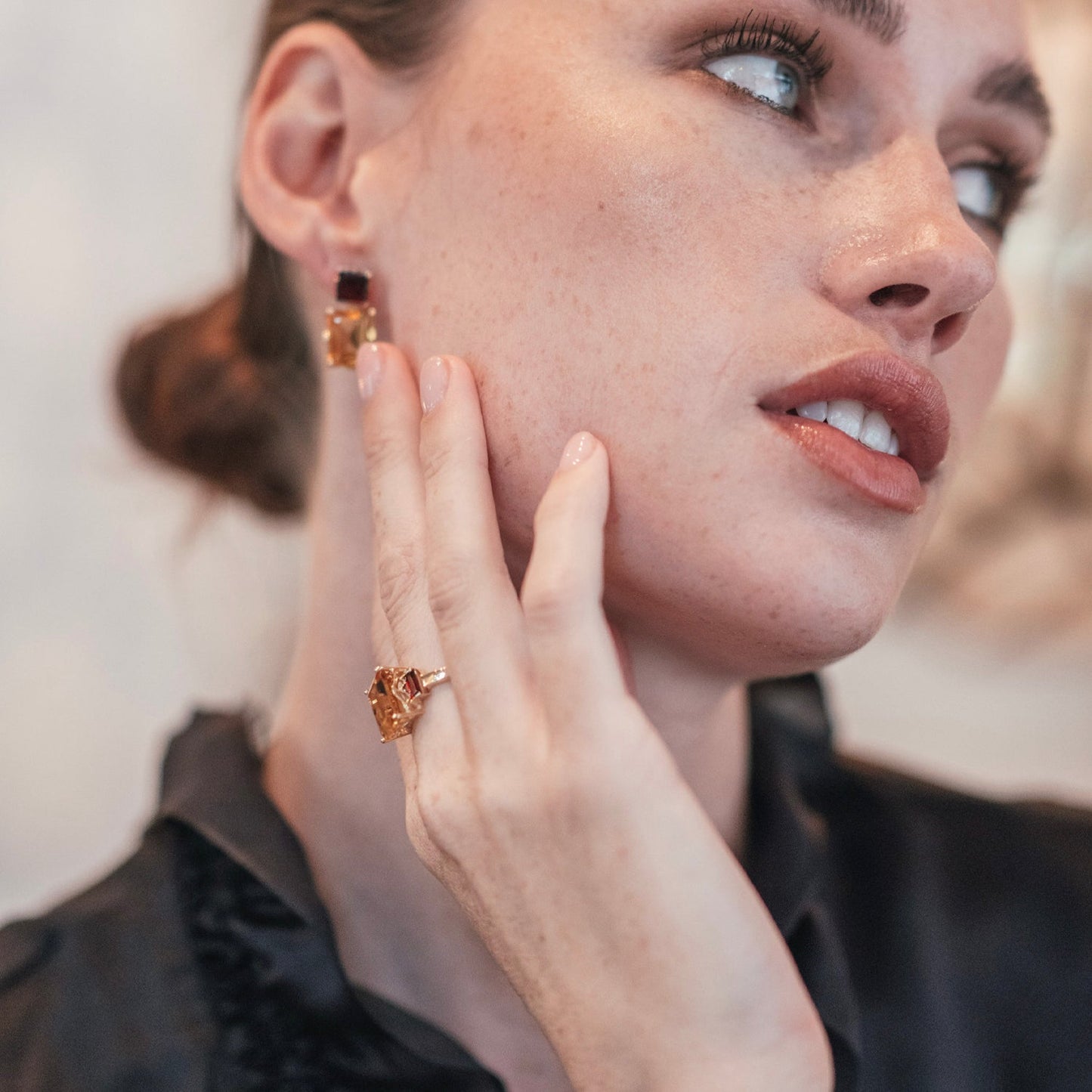 Model wearing Octagon Gold Ring in Garnet & Citrine