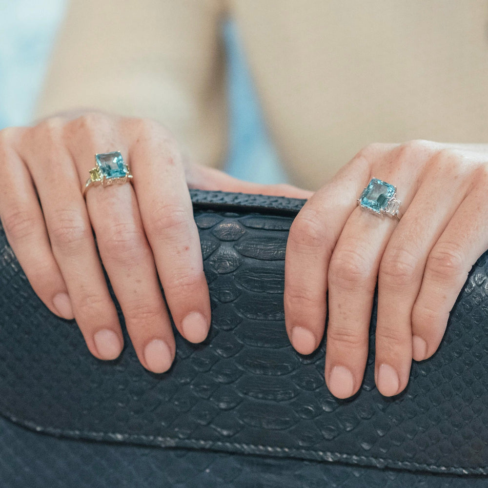 
                  
                    Model wearing Octagon Gold Ring in Peridot & Blue Topaz
                  
                