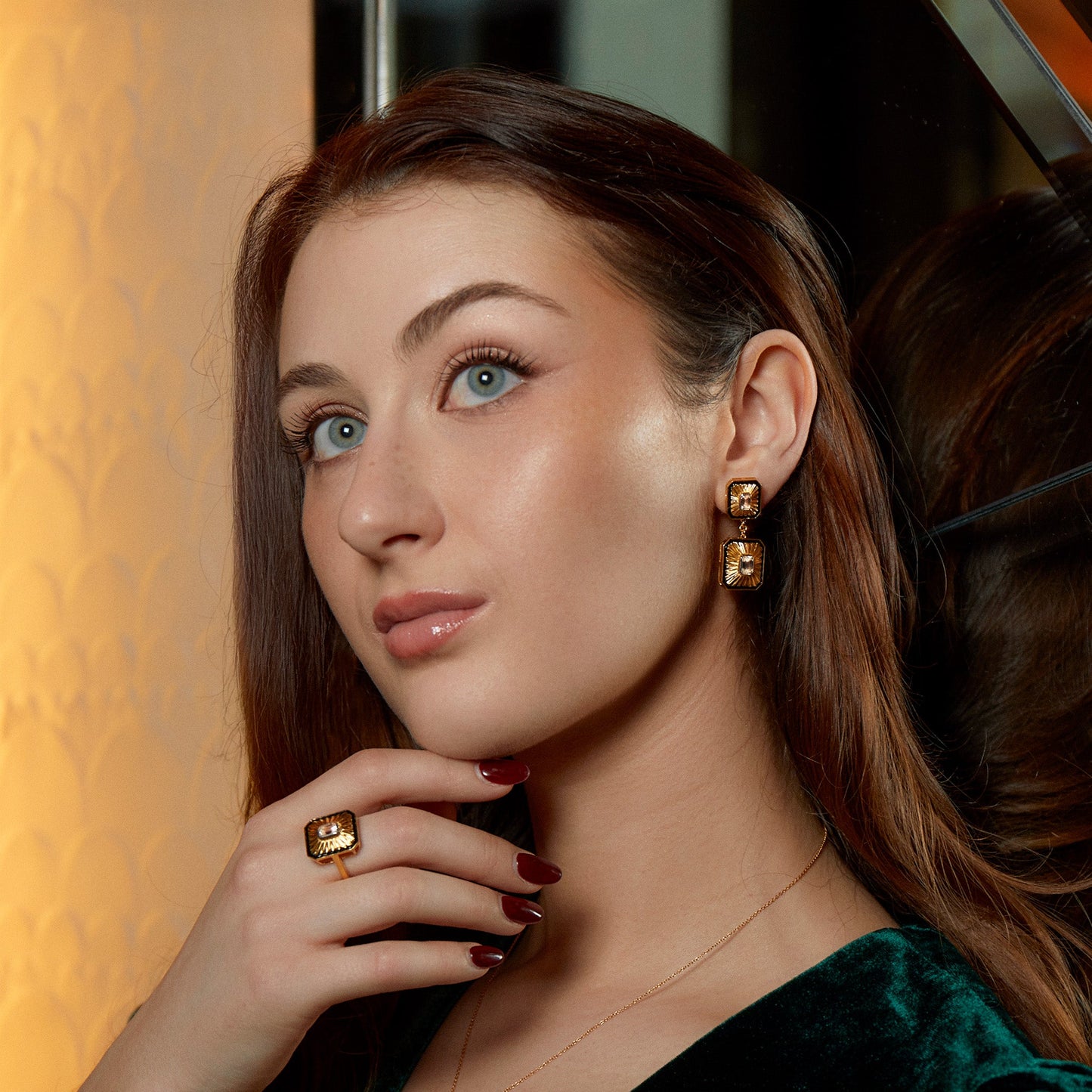 Art Deco Fan Diamond Gold Statement Earrings, Art Deco Diamond Gold Cocktail Ring - Augustine Jewels