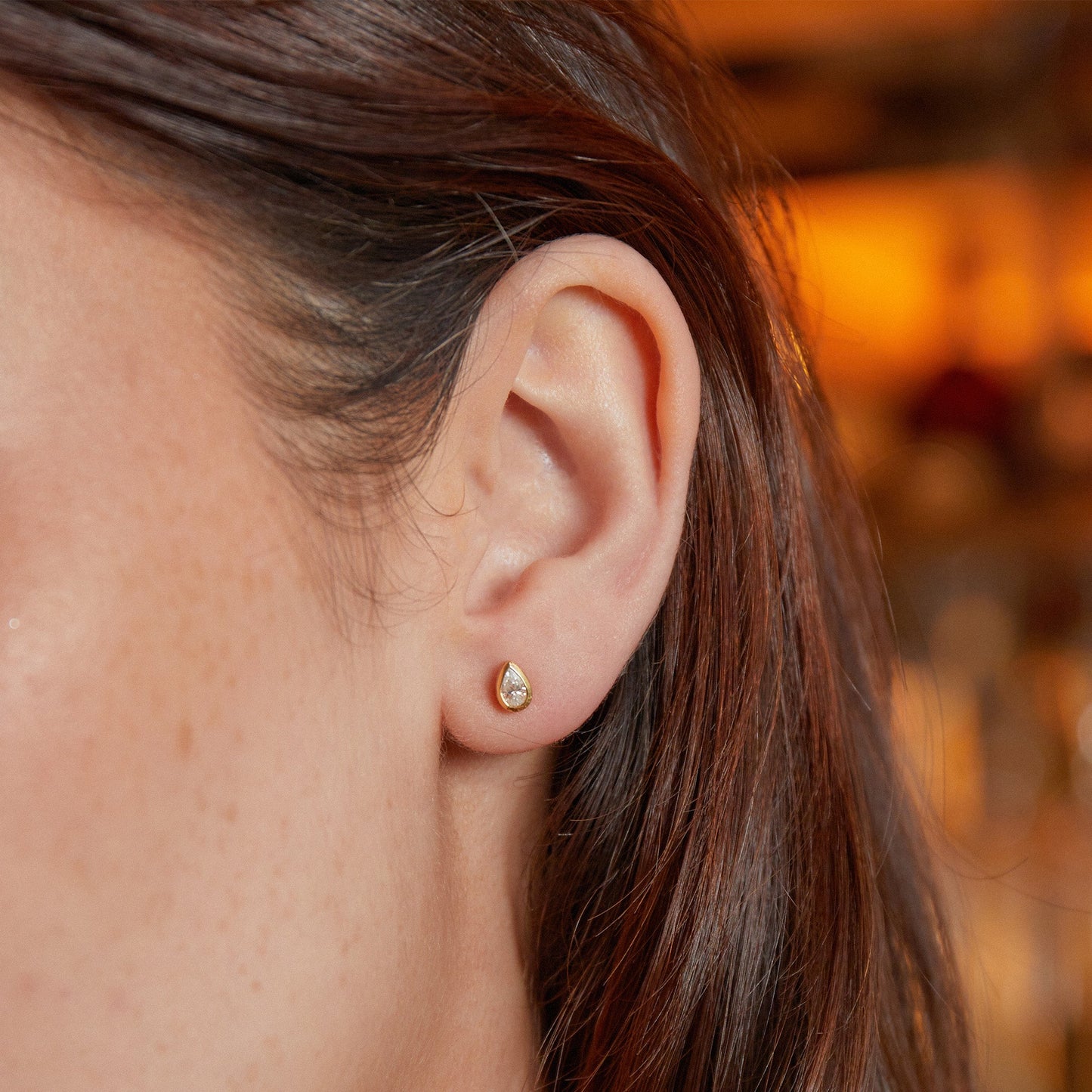 Delicate Pear Shaped Gold Diamond Stud Earrings Bezel Set - Augustine Jewels