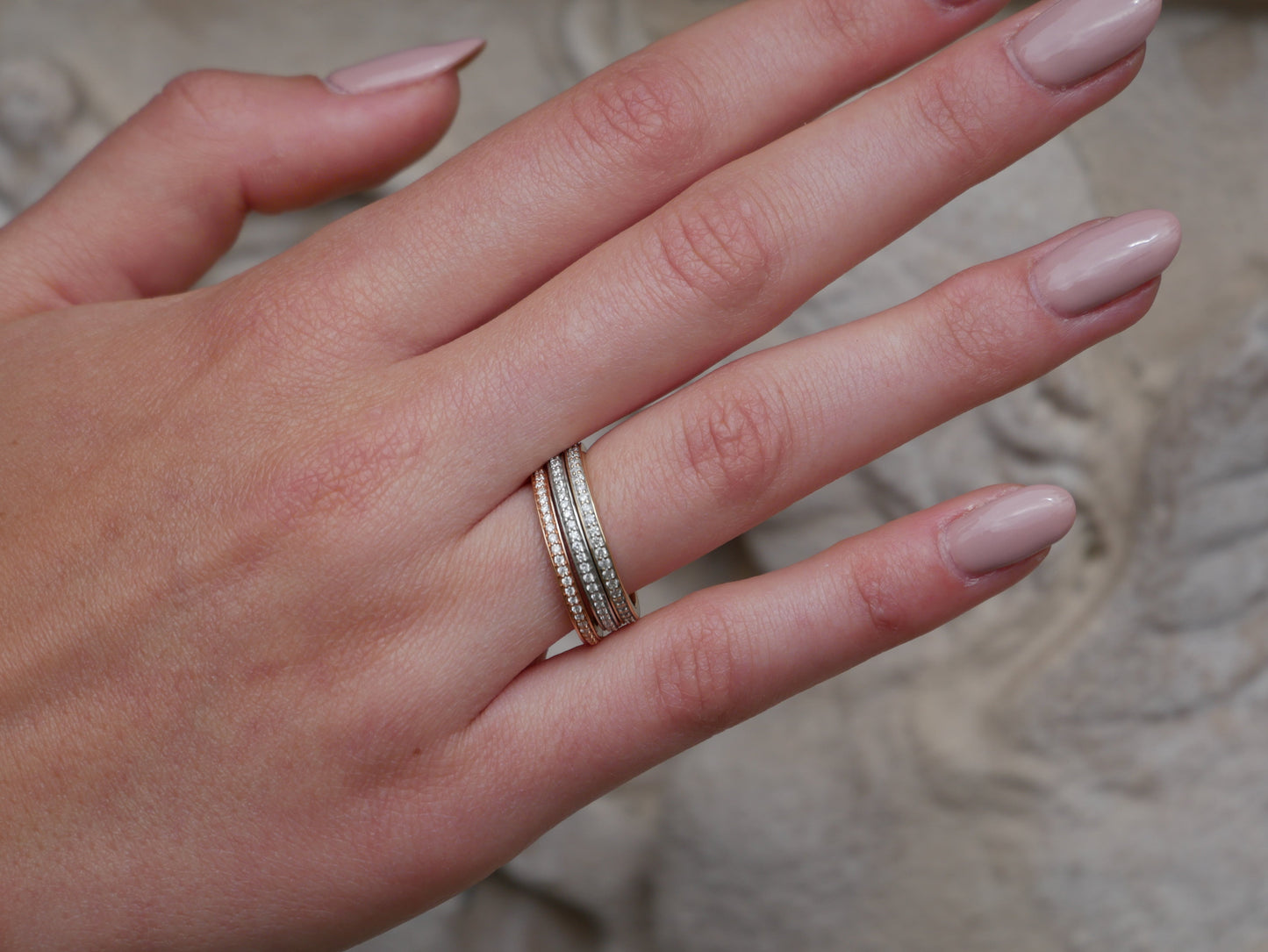 Model wearing 18ct Rose Gold Full Eternity Ring
