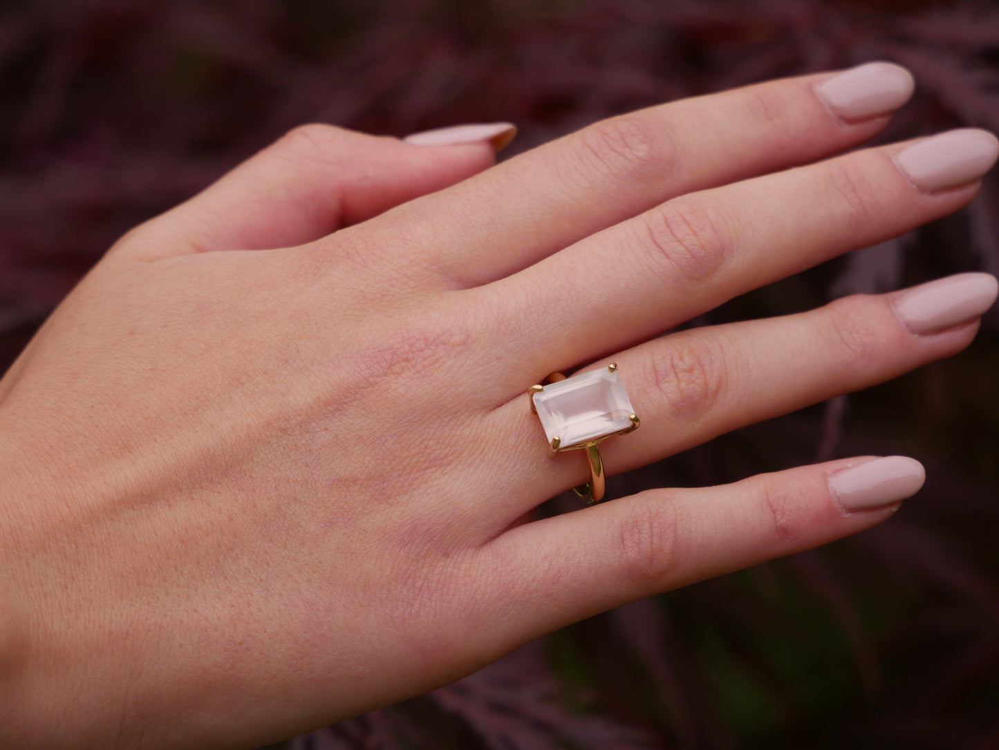 Model wearing Yellow Gold Rose Quartz Ring