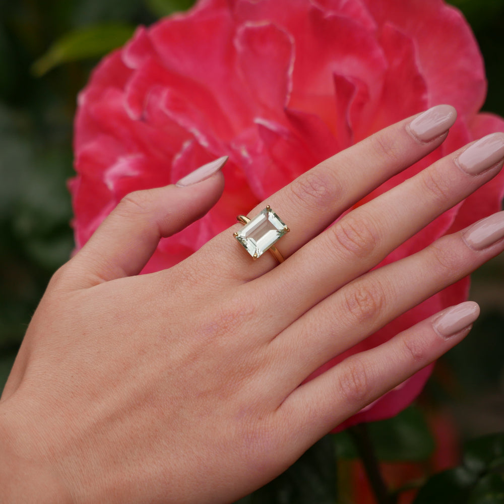 
                  
                    Model wearing Yellow Gold Green Amethyst Ring
                  
                