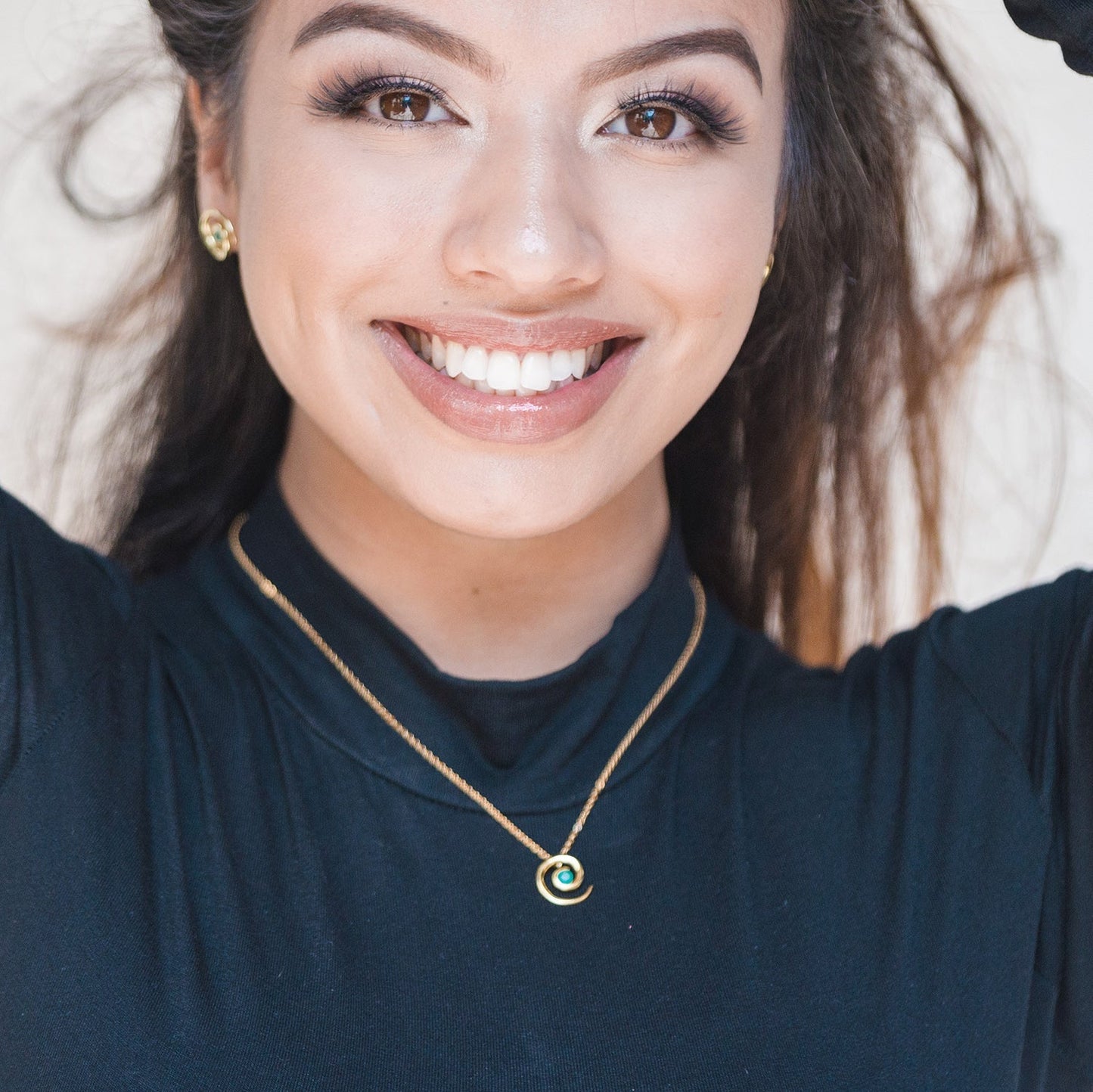 Model wearing Yellow Gold Vermeil Spiral Emerald Pendant Necklace