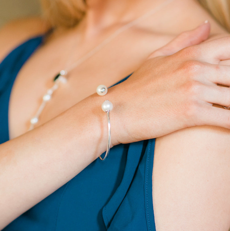 Model wearing Double Pearl Silver Bangle