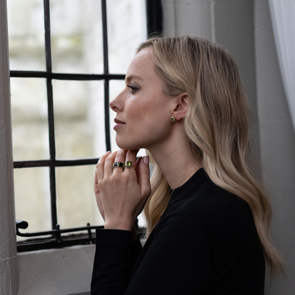 Model wearing Peridot and Navy Enamel Cocktail Ring