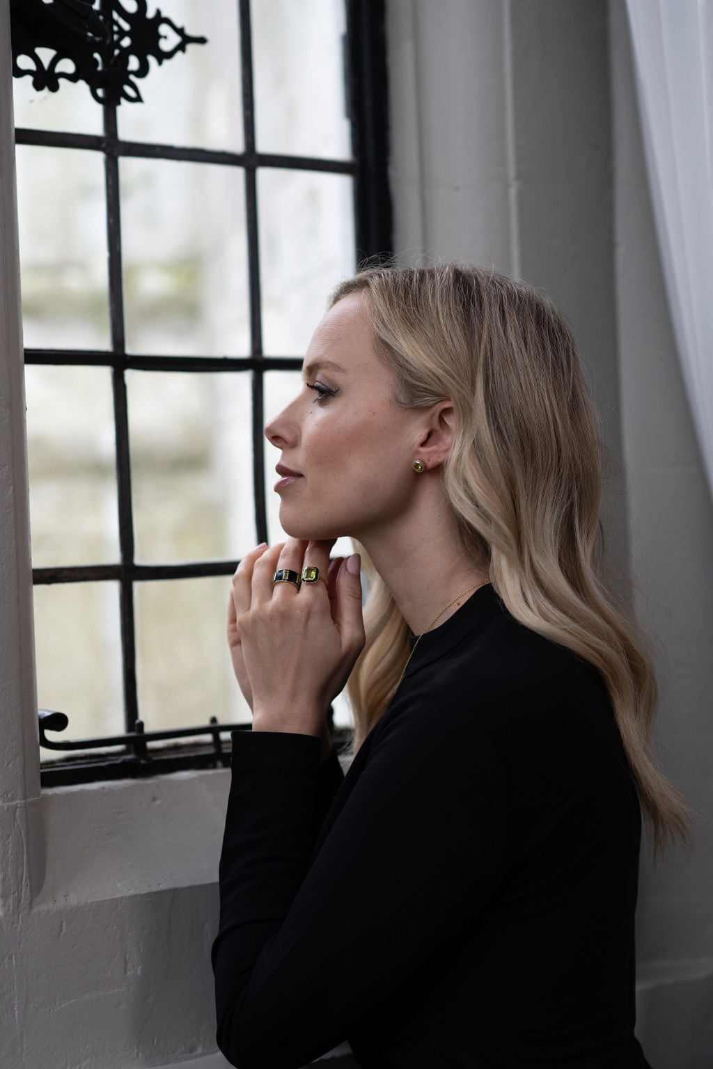 Model wearing Peridot and Navy Enamel Cocktail Ring
