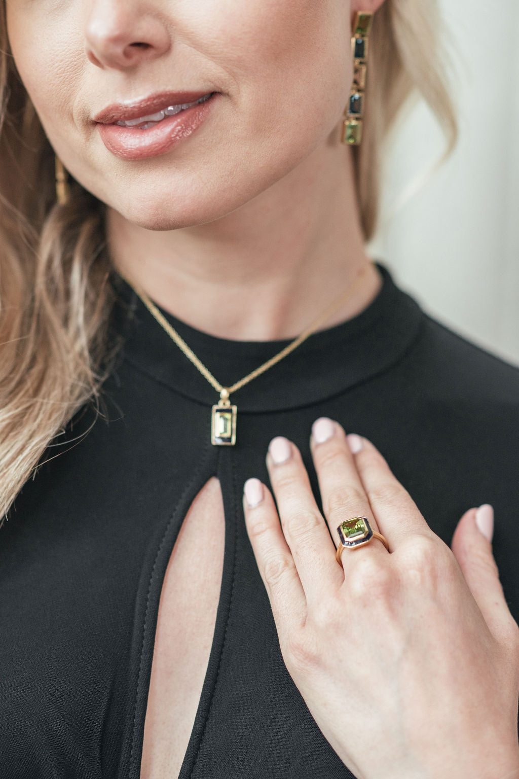Model wearing Peridot and Blue Enamel Drop Necklace