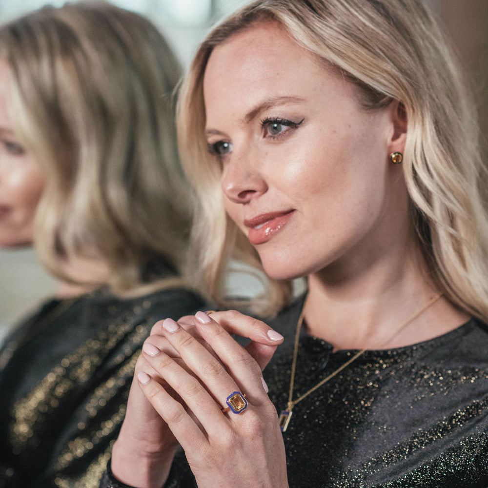 Model wearing Citrine and Purple Enamel Stud Earrings