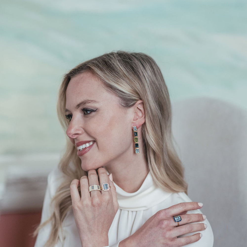 Model wearing Sky Blue Topaz and White Enamel Cocktail Ring
