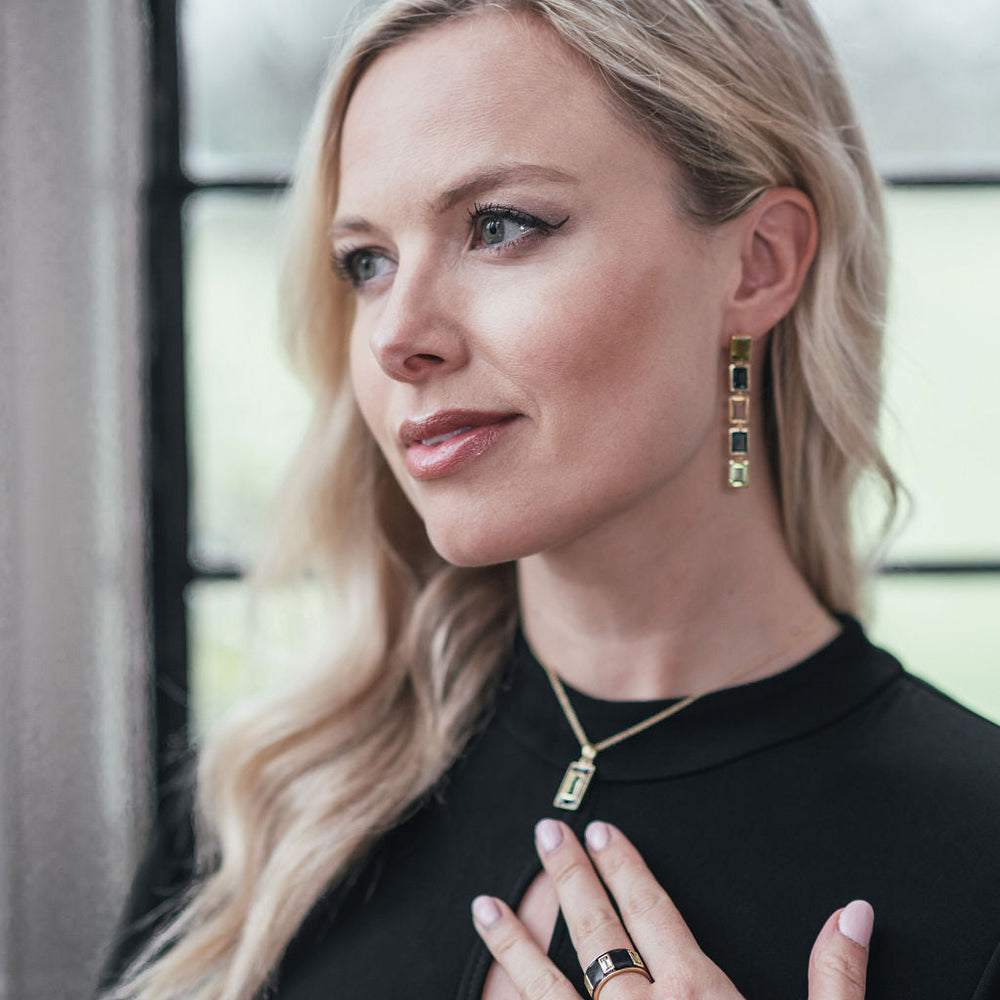 Model wearing Peridot, London Blue Topaz and Citrine 5 Drop Earrings